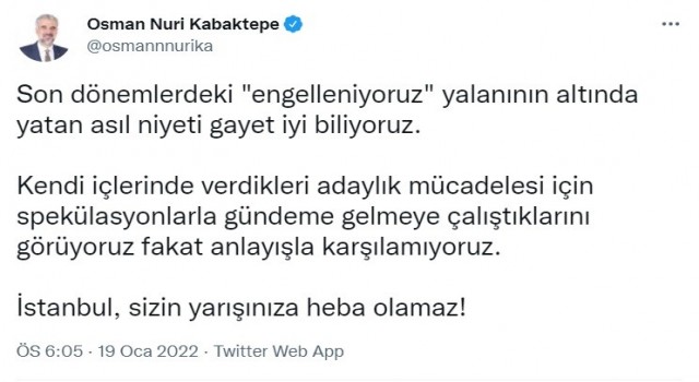 AK Parti İl Başkanı Kabaktepeden İmamoğluna cevap: En iyi bildiği iş engelleniyoruz bahanesi